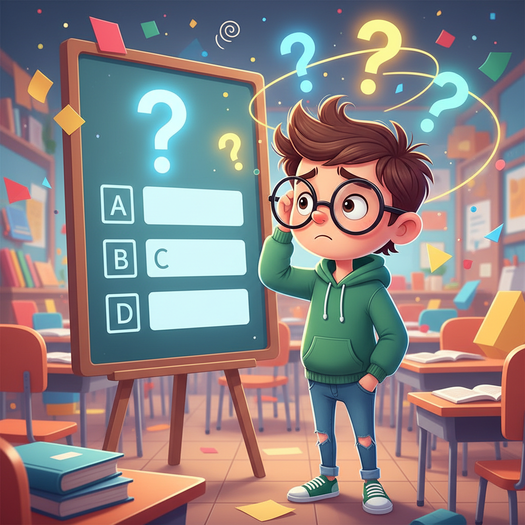 A funny cartoon student with big glasses scratching their head while looking at a multiple choice question board, floating question marks, colorful classroom background
