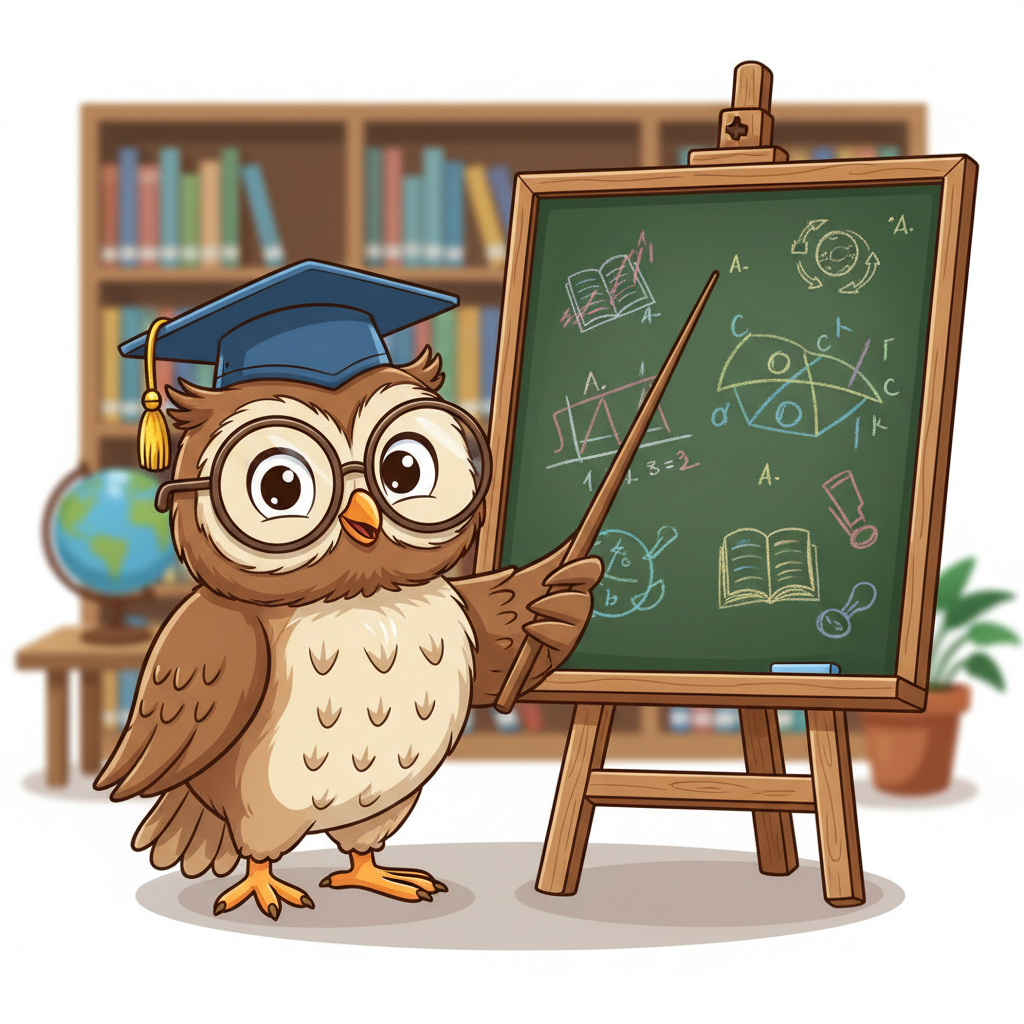 Cartoon owl wearing glasses and a graduation cap holding a pointer stick, standing next to a chalkboard, educational style