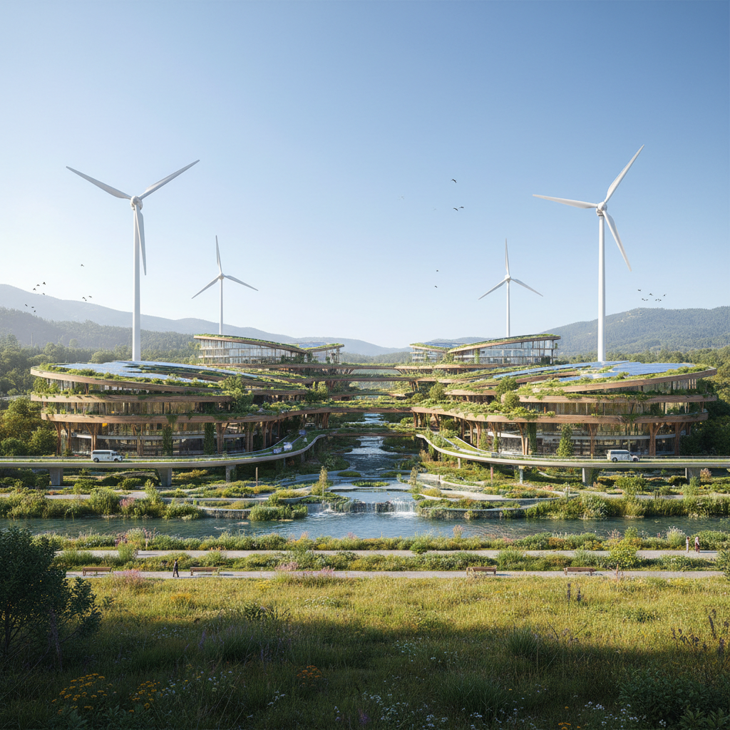 An inspiring architectural view of a green sustainable industrial complex of the future, integrated with nature, clean energy, blue sky.