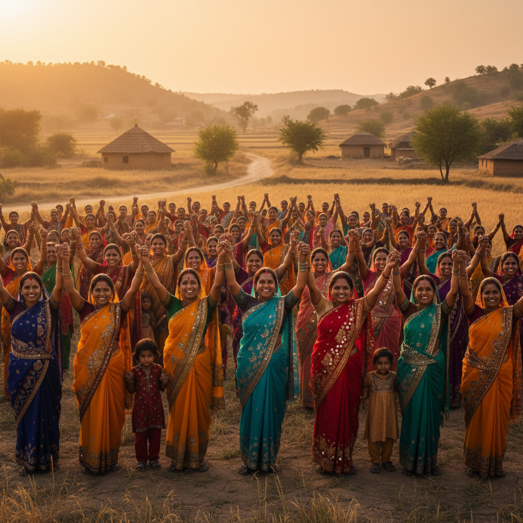 Large group of diverse Indian women and children holding hands raised in unity, rural setting, golden hour, hopeful and strong atmosphere, realistic