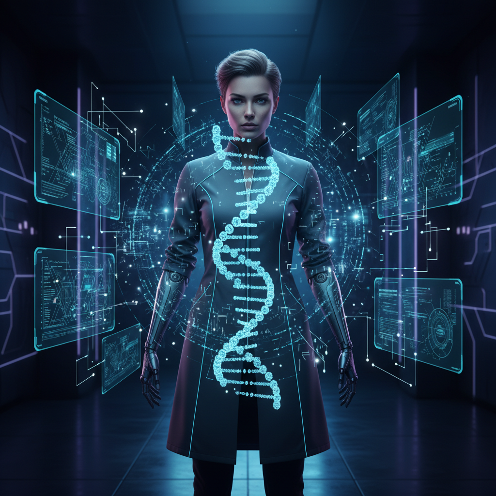 Scientist looking at a holographic floating DNA strand and data points, dark lab environment, neon blue lighting, cyber aesthetic, 8k