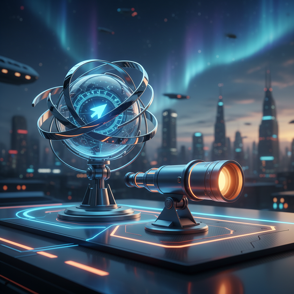 Futuristic compass and telescope on a sleek desk, symbolizing vision and direction, blue and orange color palette, hyper-realistic