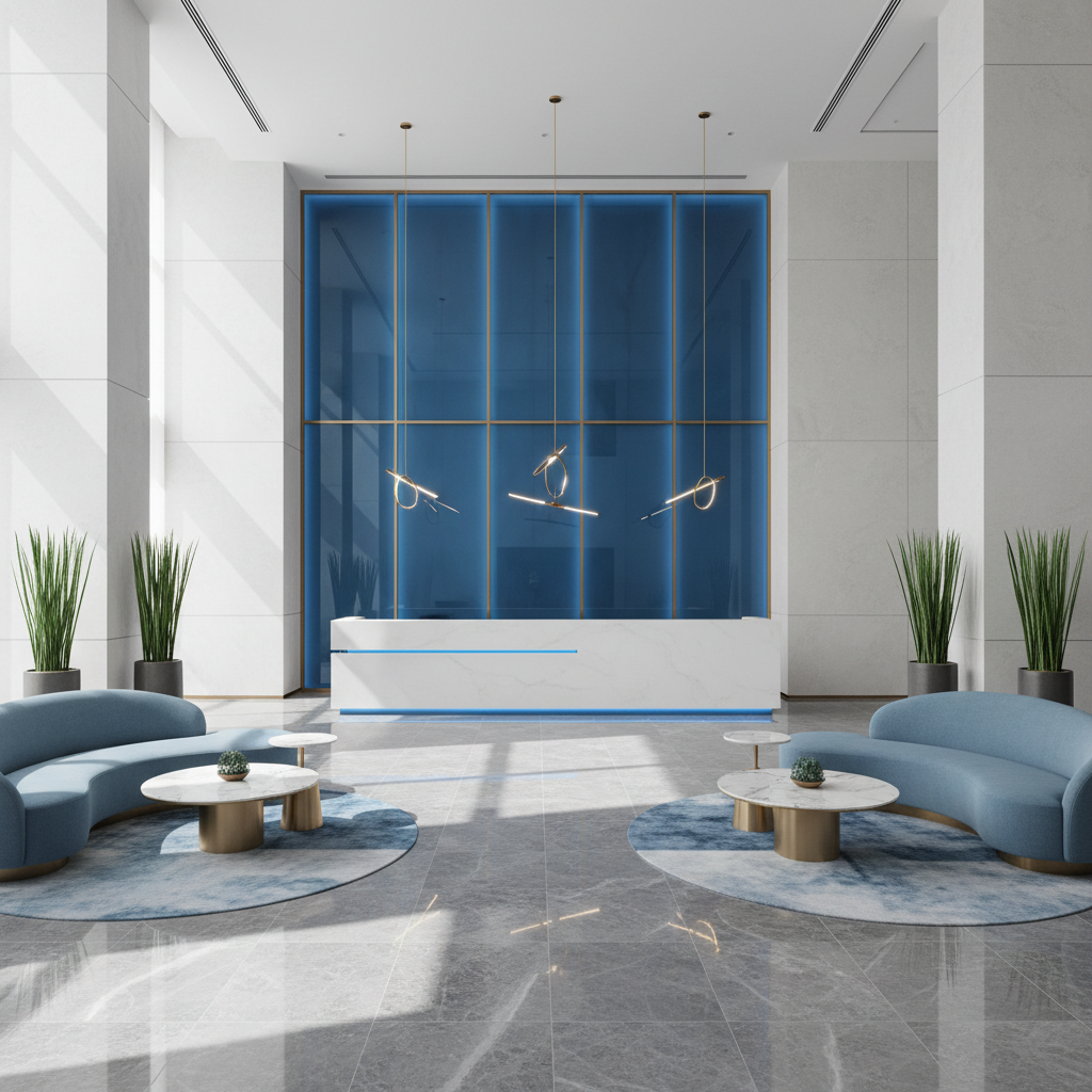 Modern minimalist luxury hotel lobby with blue accents, bright and professional architectural photography