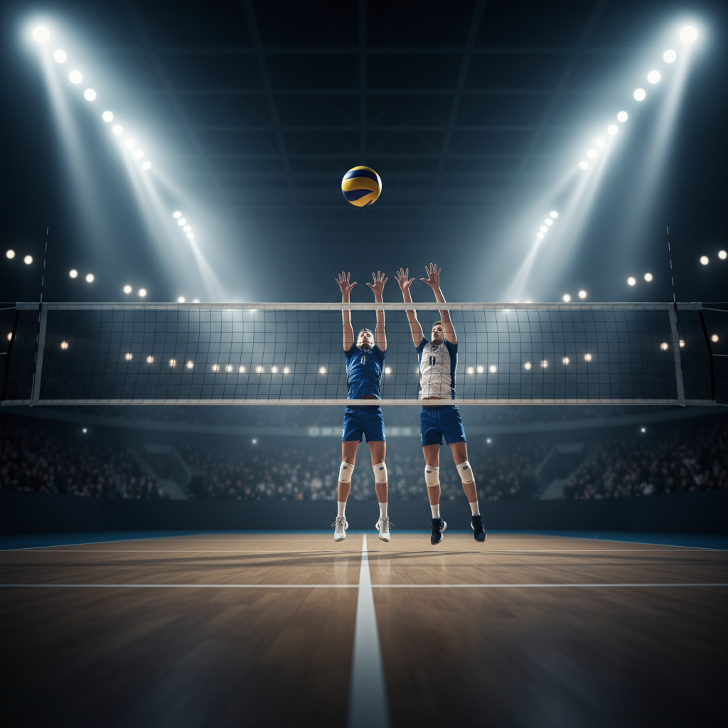 Professional volleyball court with a ball in mid-air, dramatic stadium lighting, high resolution, photorealistic, cinematic depth of field