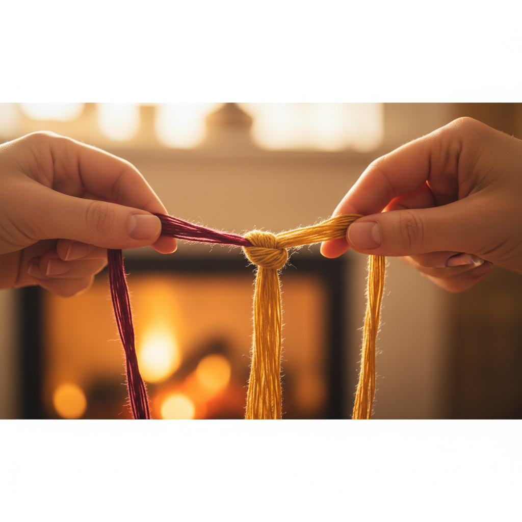 two different colored threads being carefully untangled by gentle hands, macro softness, warm lighting, metaphor for solving relationship issues