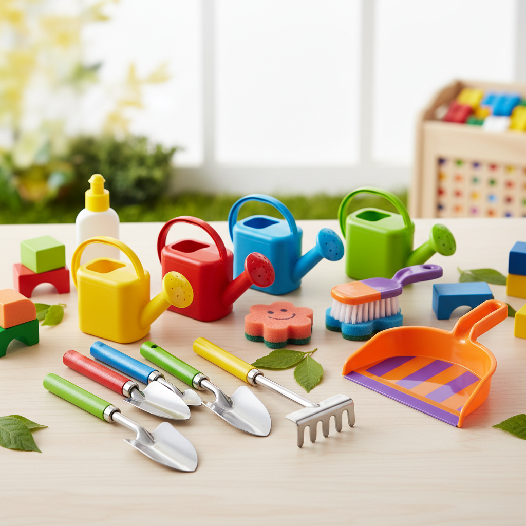 Small gardening tools for kids, colorful watering cans, dustpan and brush, cleaning supplies for toys
