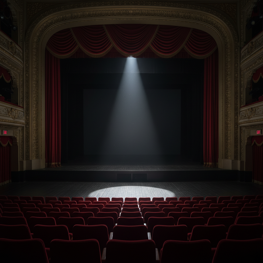 empty movie theater stage with a spotlight shining on the text, cinematic atmosphere, 8k resolution