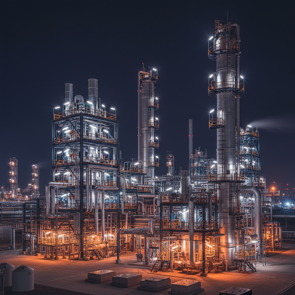 Industrial chemical plant at night, complex piping and distillation towers, cinematic lighting, orange safety lights, technological atmosphere, photorealistic.
