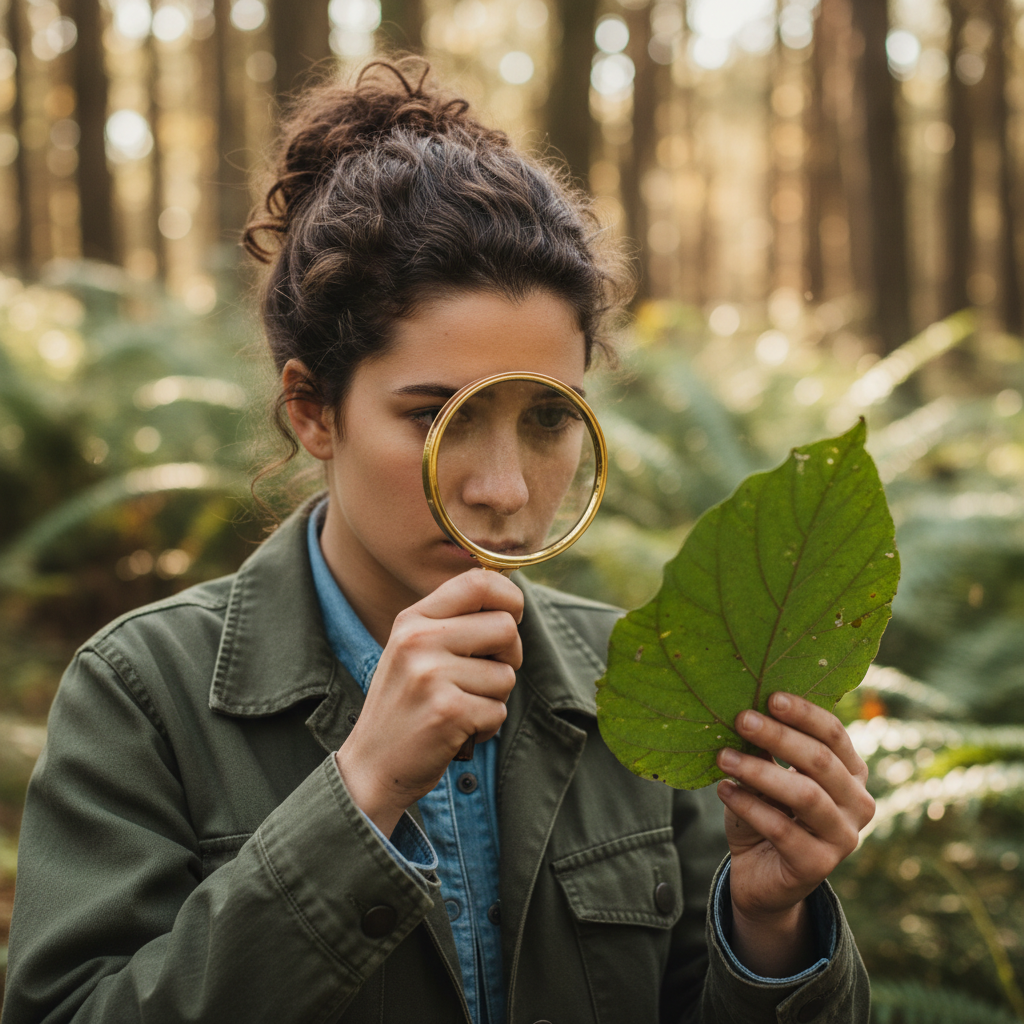close up of a botany student examining a leaf with a magnifying glass, natural background, soft focus