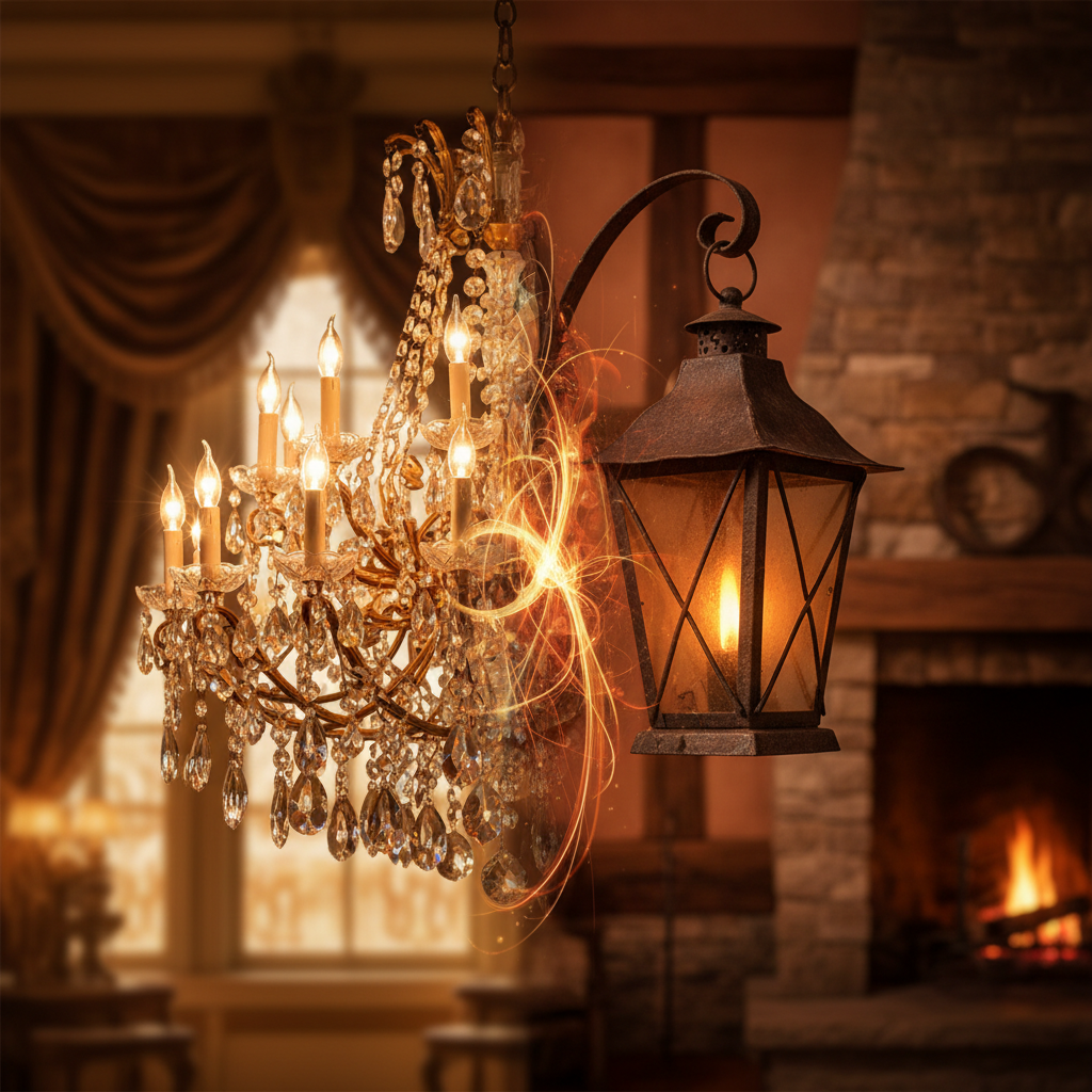Split composition art: Left side elegant chandelier, right side rustic lantern, blending in the middle, warm colors