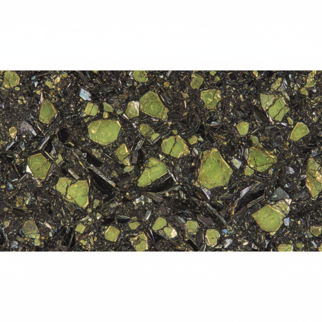 Close up photo of basaltic lava rock texture with olivine crystals, microscopic geology view