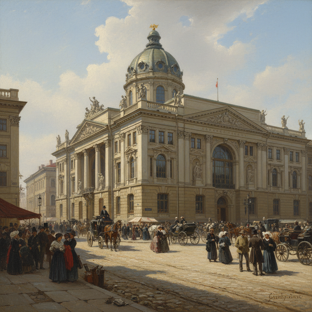 Oil painting of a 19th-century City Duma building exterior, Russian Empire architecture, bustling street with horse carriages, daylight