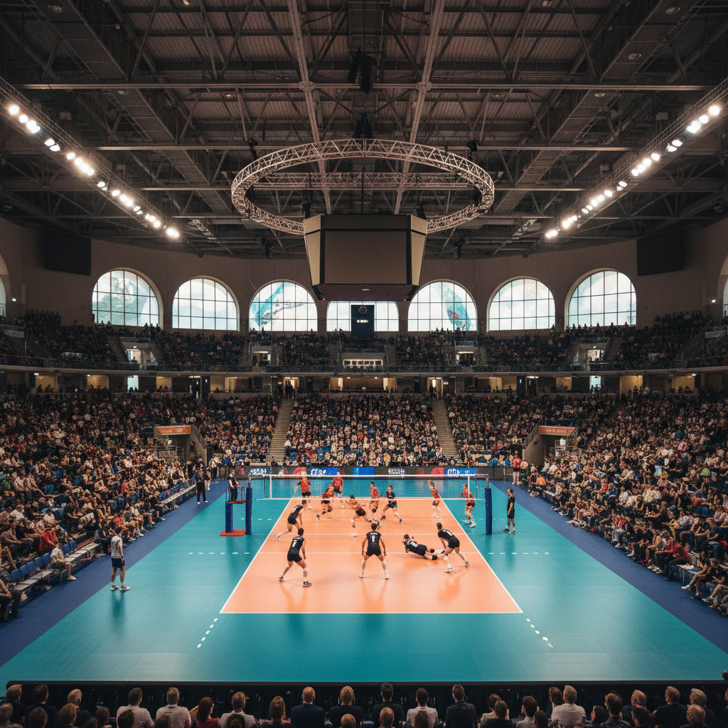 wide shot of a professional volleyball match arena general view clean symmetric composition