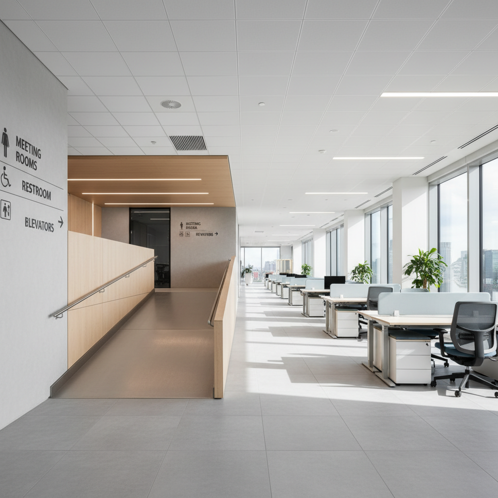Modern accessible office interior with a wheelchair ramp, wide corridors, and clear signage, bright and professional architectural photography
