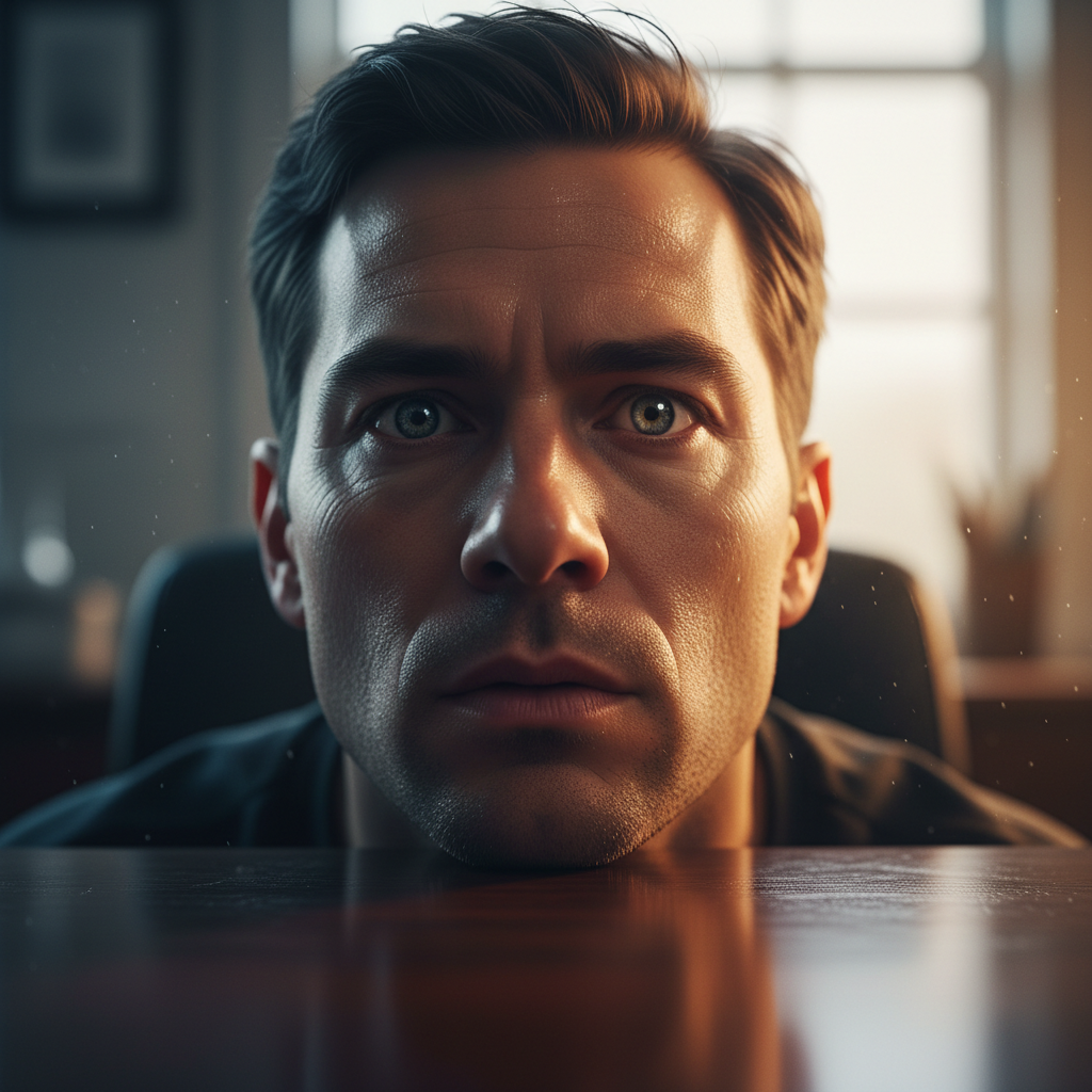Cinematic extreme close-up of a man lifting his head from a desk, eyes opening with sudden determination and clarity, lighting shifts from cool to warm.