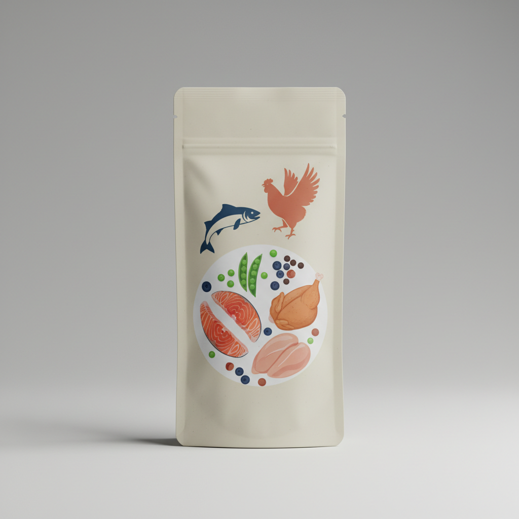 Premium organic pet food packaging concept, minimalist design, showing fresh high protein ingredients like salmon or chicken, studio lighting