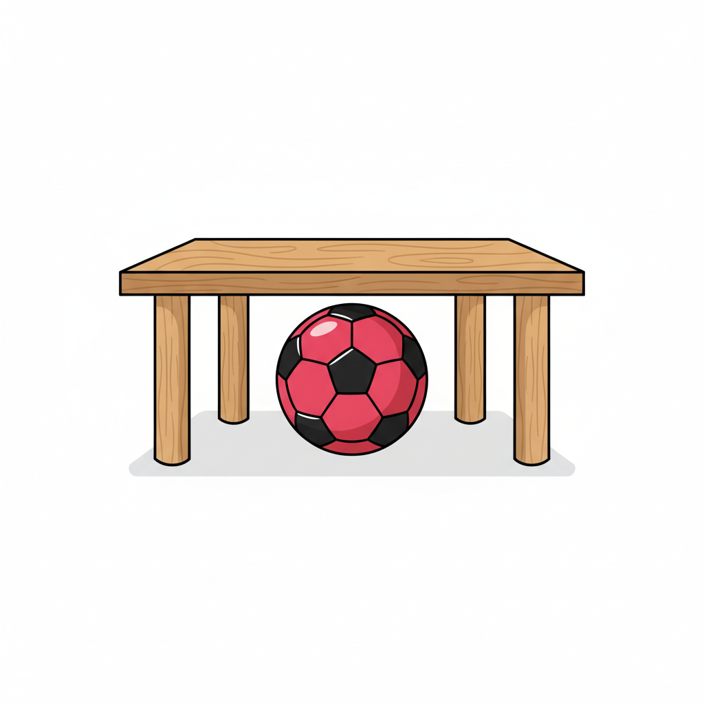 Cartoon illustration of a bright red soccer ball resting underneath a wooden table, white background, vector art style