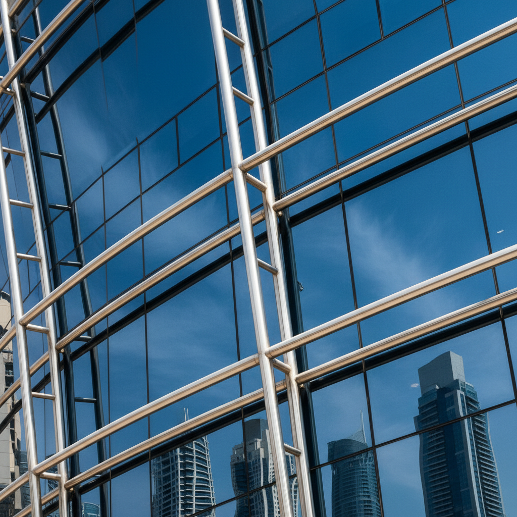 modern dubai architecture detail steel and glass facade abstract blue sky reflection