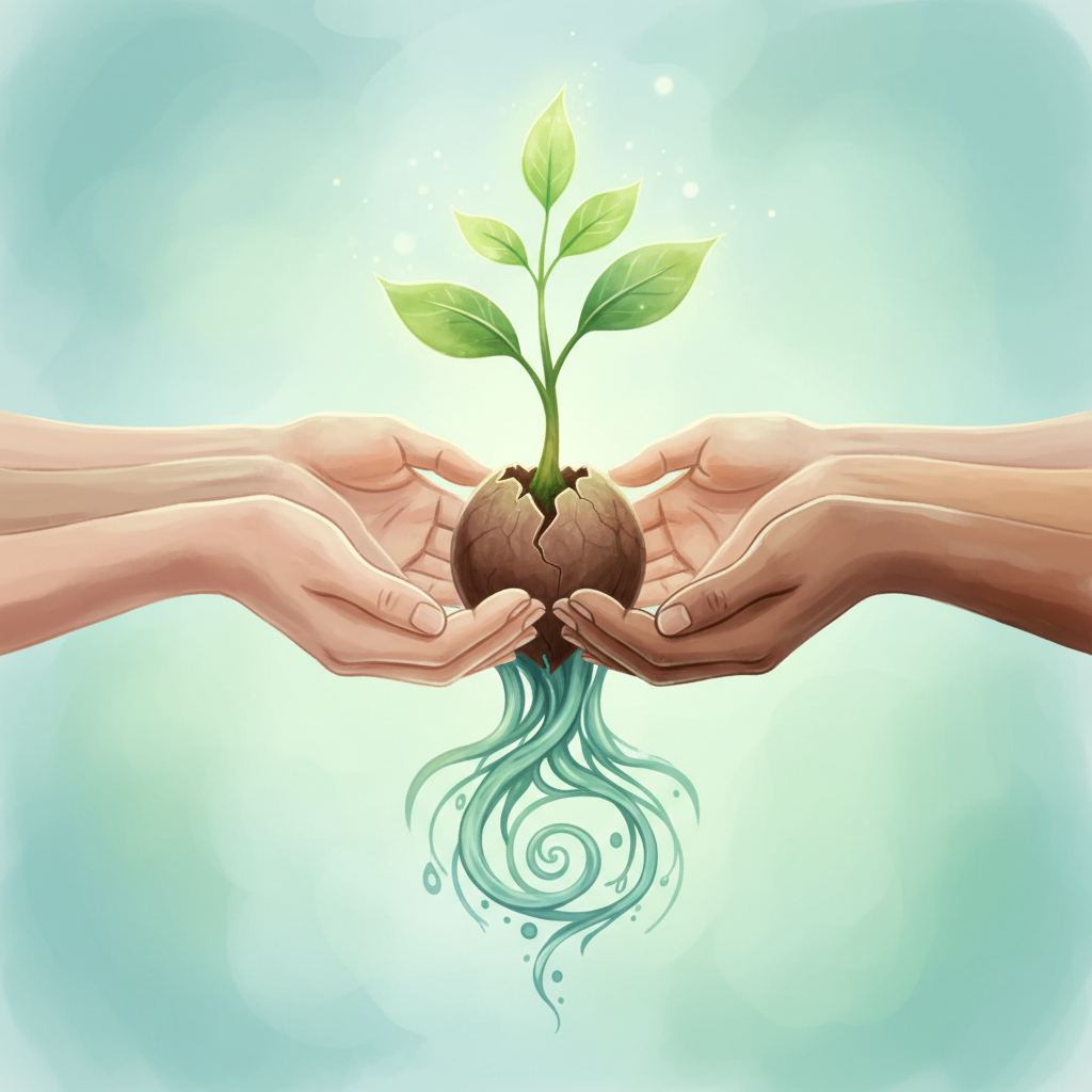 A seed growing into a tree held by diverse hands, symbolizing growth through inclusion, artistic style, soft green and blue colors