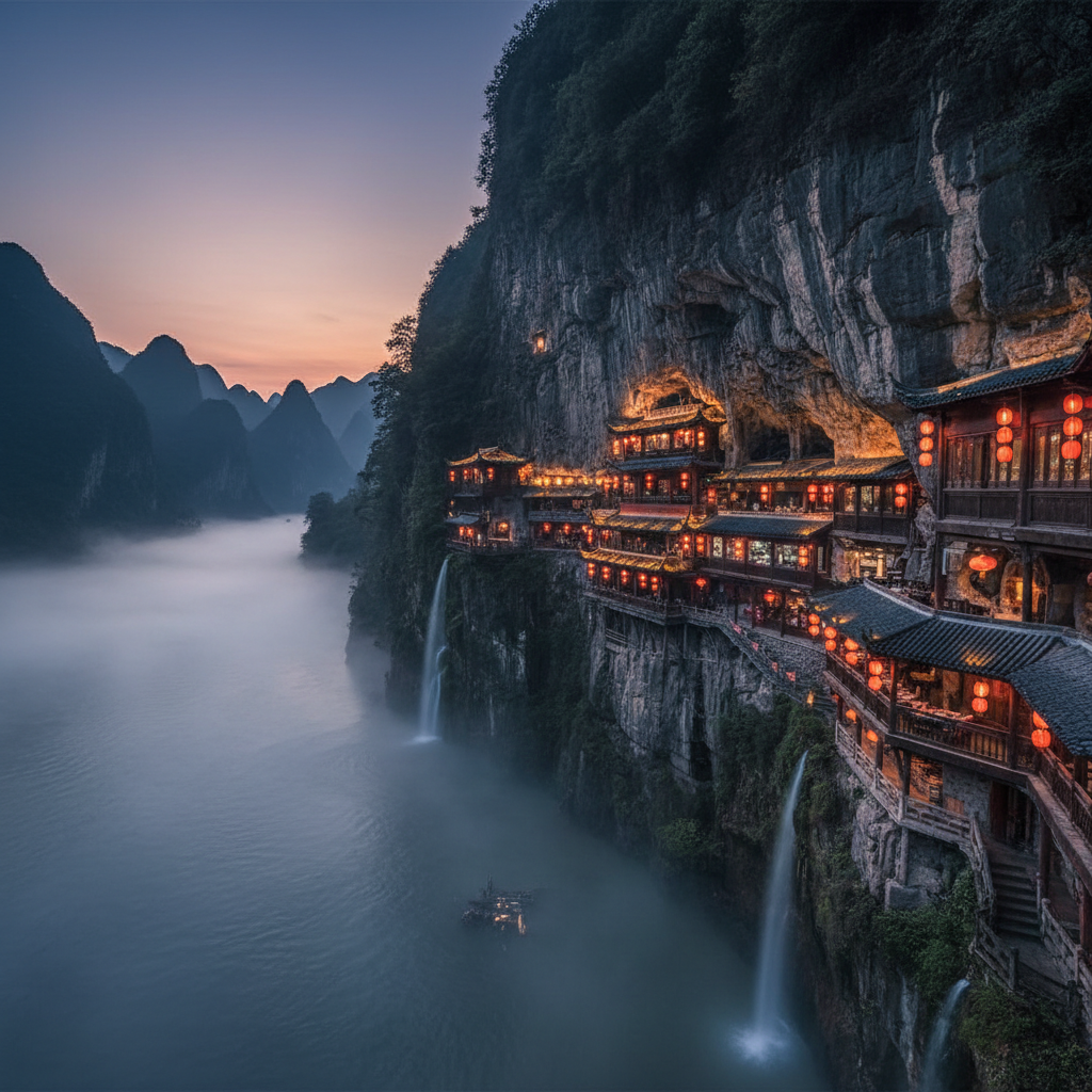 Cinematic wide angle shot of a traditional Chinese restaurant building clinging to the side of a steep limestone cliff, warm lantern lights glowing from within a cave, twilight mist over the Yangtze river below, magical atmosphere, 8k resolution.
