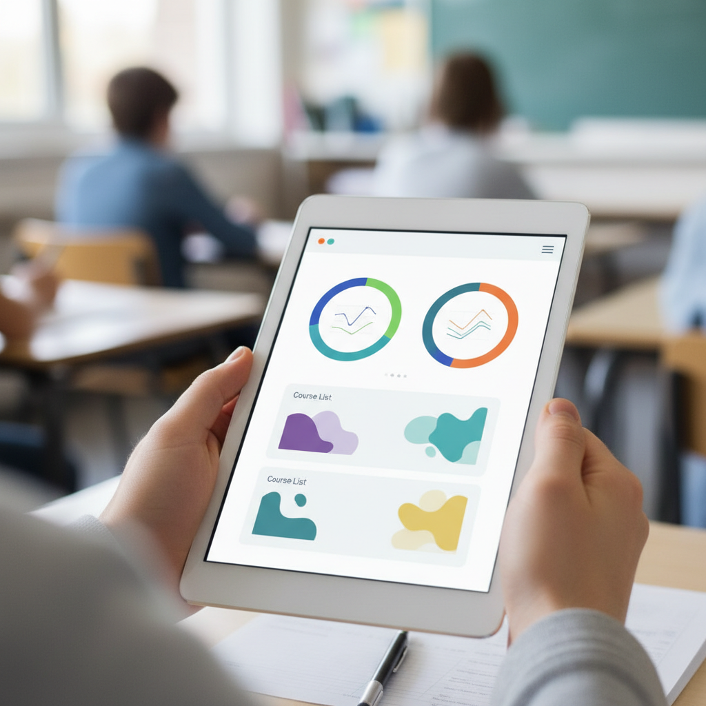 Close up of a tablet displaying a learning management system dashboard with graphs and course lists, held by a student, blurred classroom background