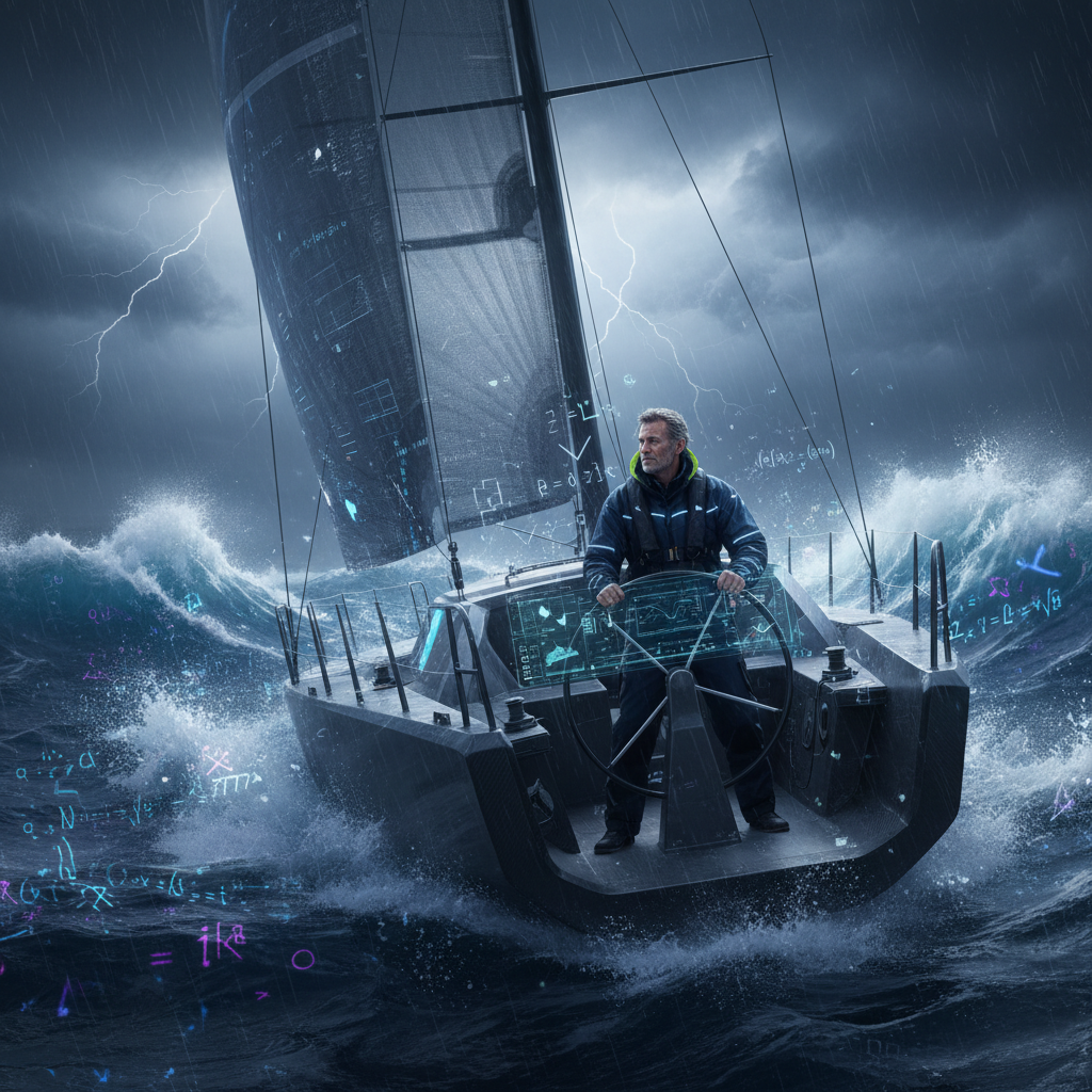 Cinematic shot of a skipper steering a high-tech sailboat through a storm calmly, metaphor for mastering mathematics, dark moody lighting