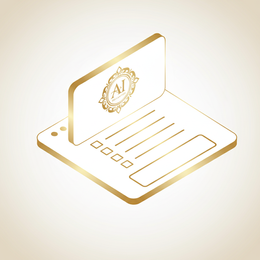 Digital interface illustration of a simple web form titled 'AI Declaration', checklist style, clean UI, white and gold accents, isometric view