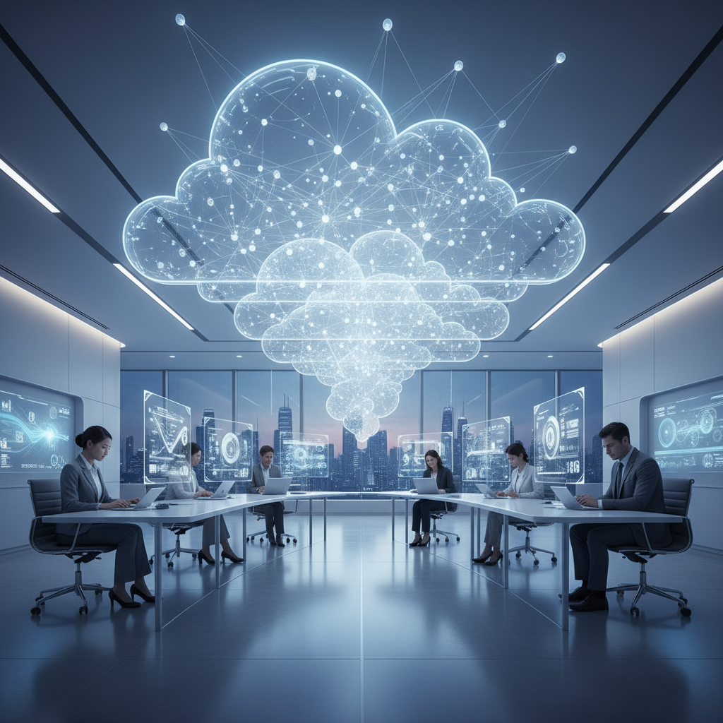 Professional modern office environment with a focus on digital cloud technology, soft blue lighting, high quality photography