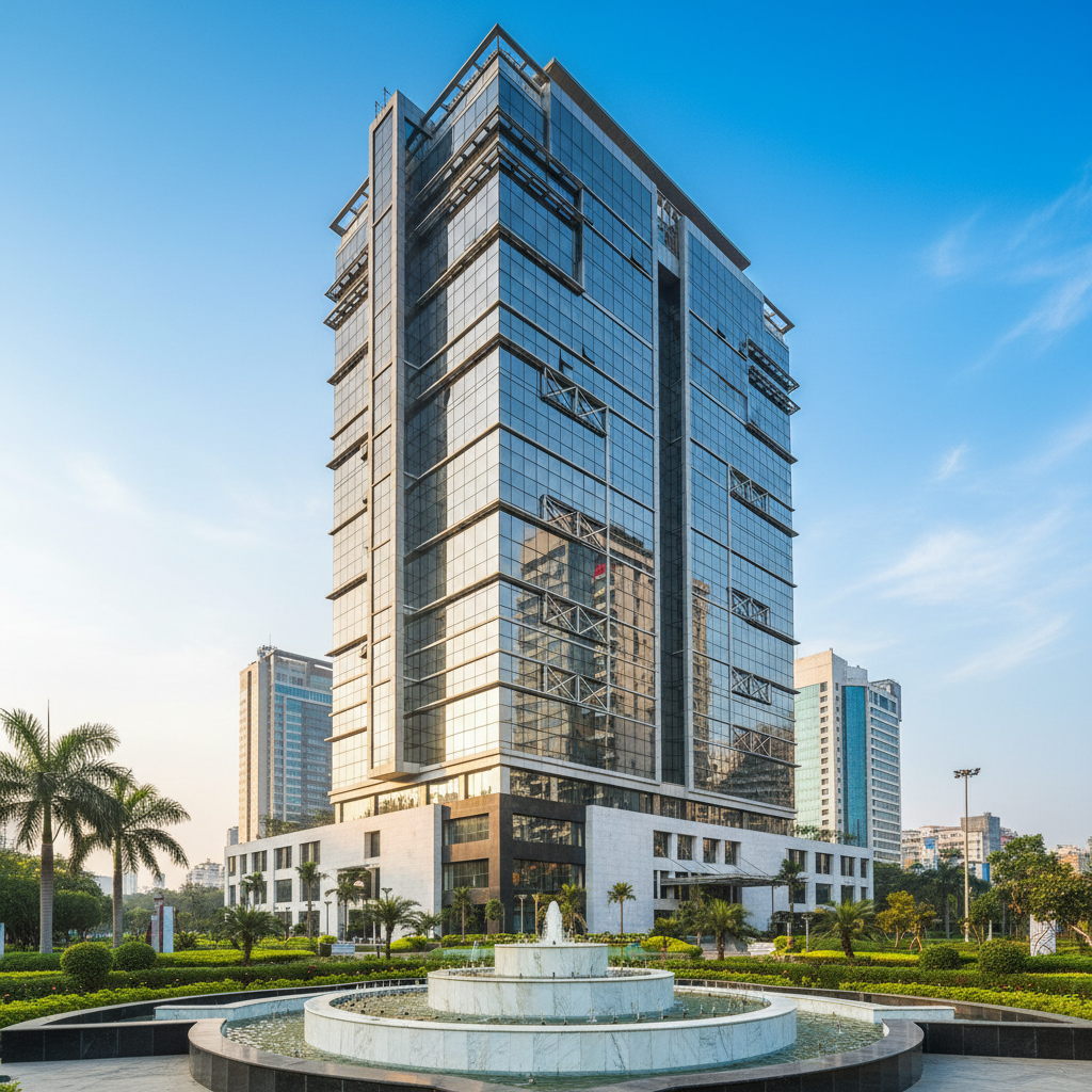 A modern, glass-facade bank headquarters building in Dhaka city under a clear blue sky, symbolizing corporate strength and stability, photorealistic style.