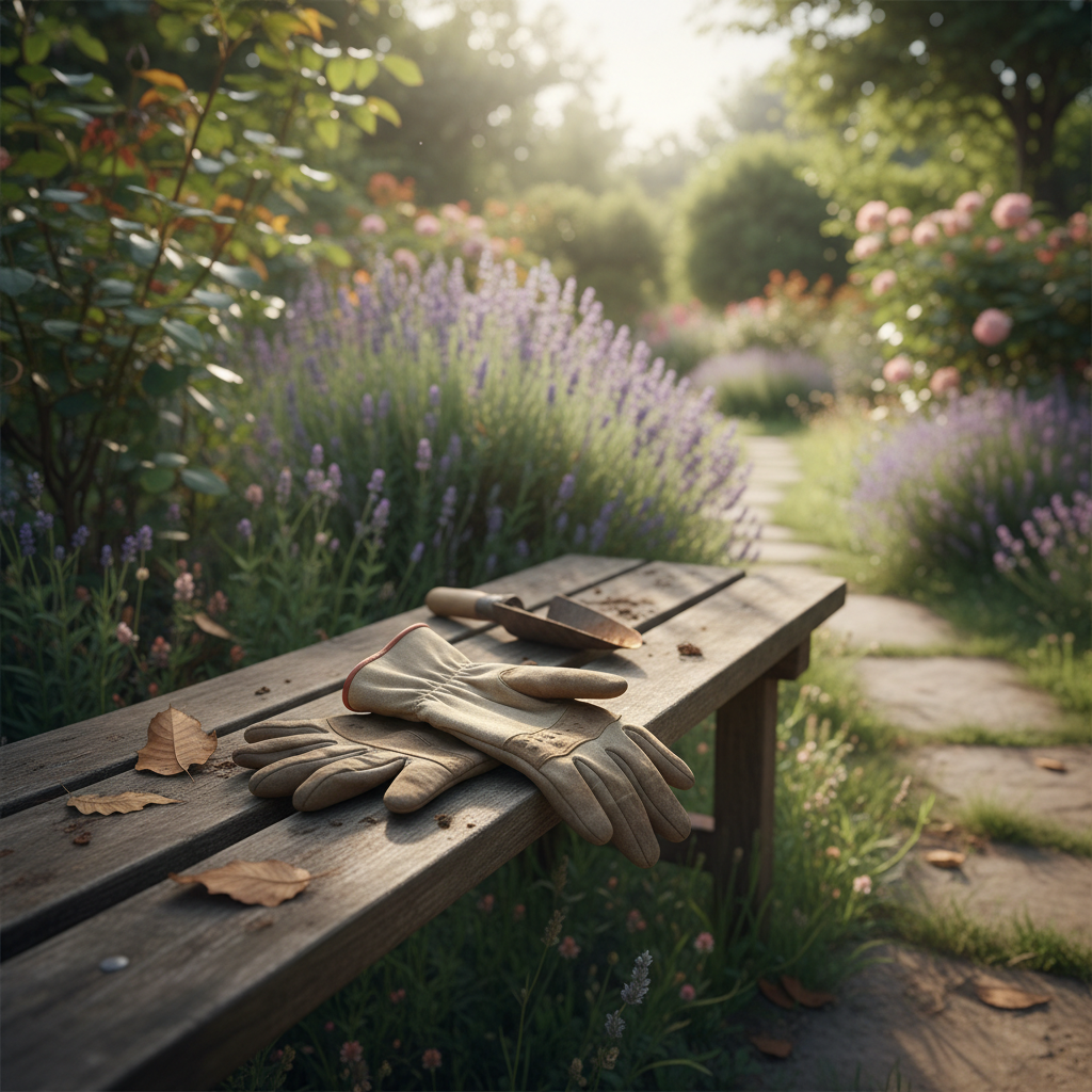 An empty gardening bench with gloves left behind, symbolic of abandoned hobbies, photorealistic, soft depth of field