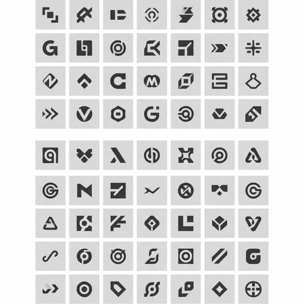 A clean, professional wall of corporate logos on a white background, grid layout, assorted famous minimalist company logos, graphic design style, grey and black logos