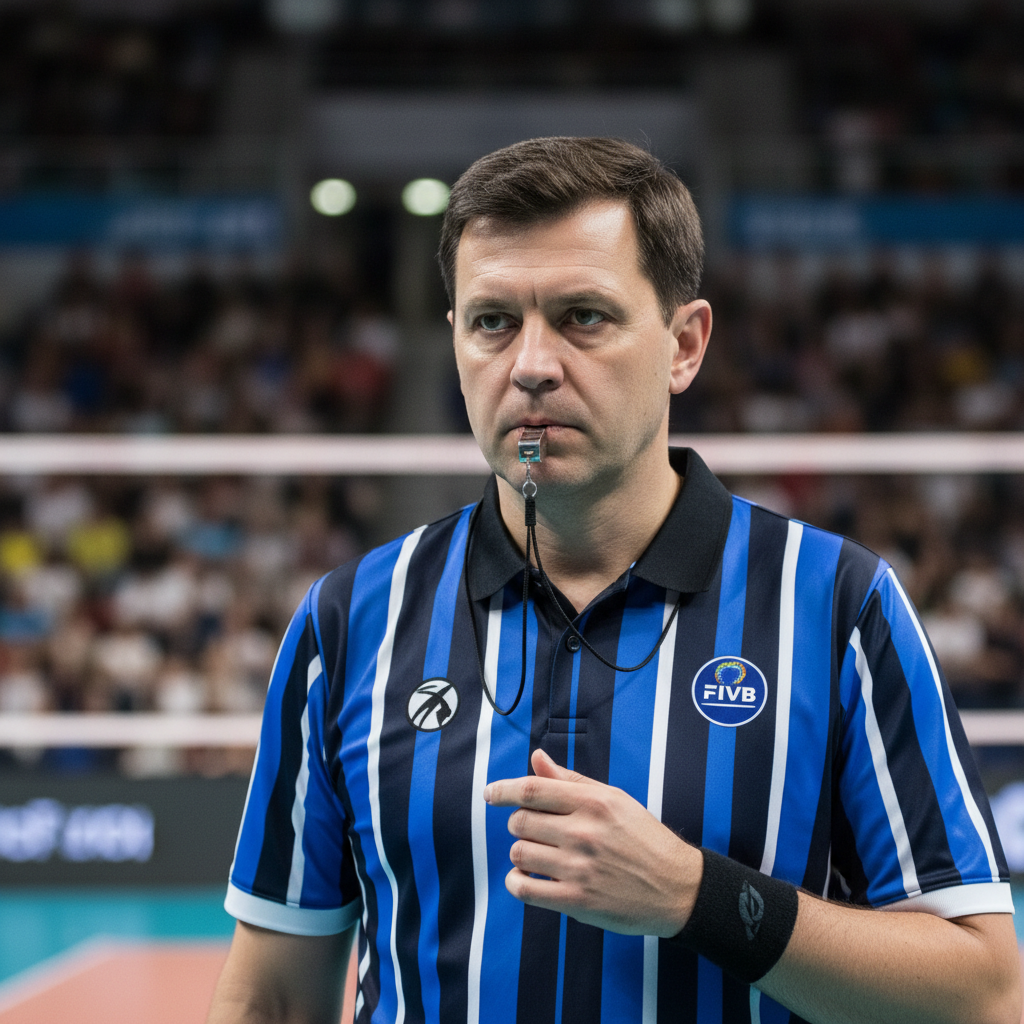 Close up of a volleyball referee holding a whistle, blurred stadium background, professional uniform, serious expression, realistic style