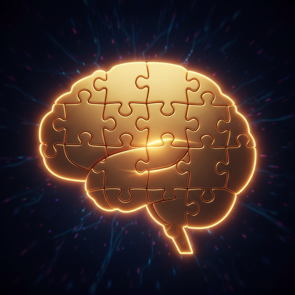 Close-up of golden puzzle pieces joining together perfectly to form a glowing brain shape, symbolism of connection and logic, dark background.