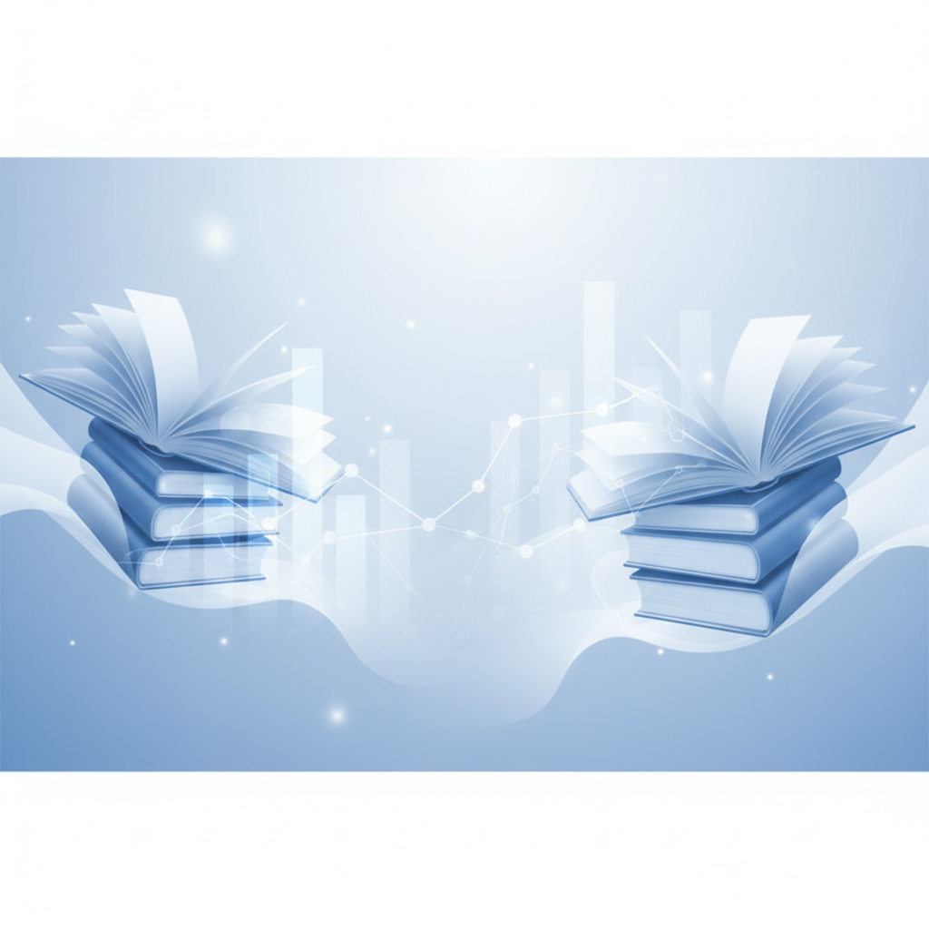 Abstract educational background with books and subtle charts, high quality digital art, soft blue and white lighting