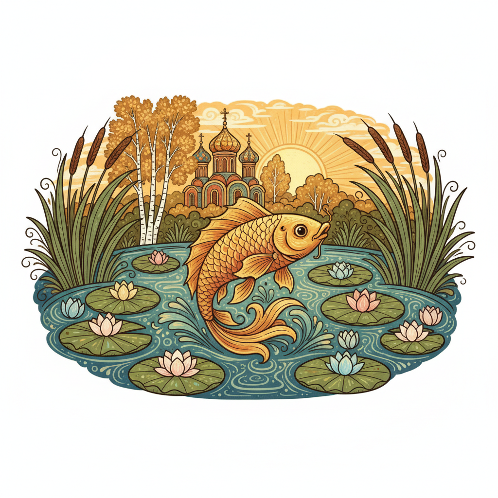 A traditional Russian pond scene with a golden fish jumping out, reeds, water lilies, folk art illustration style