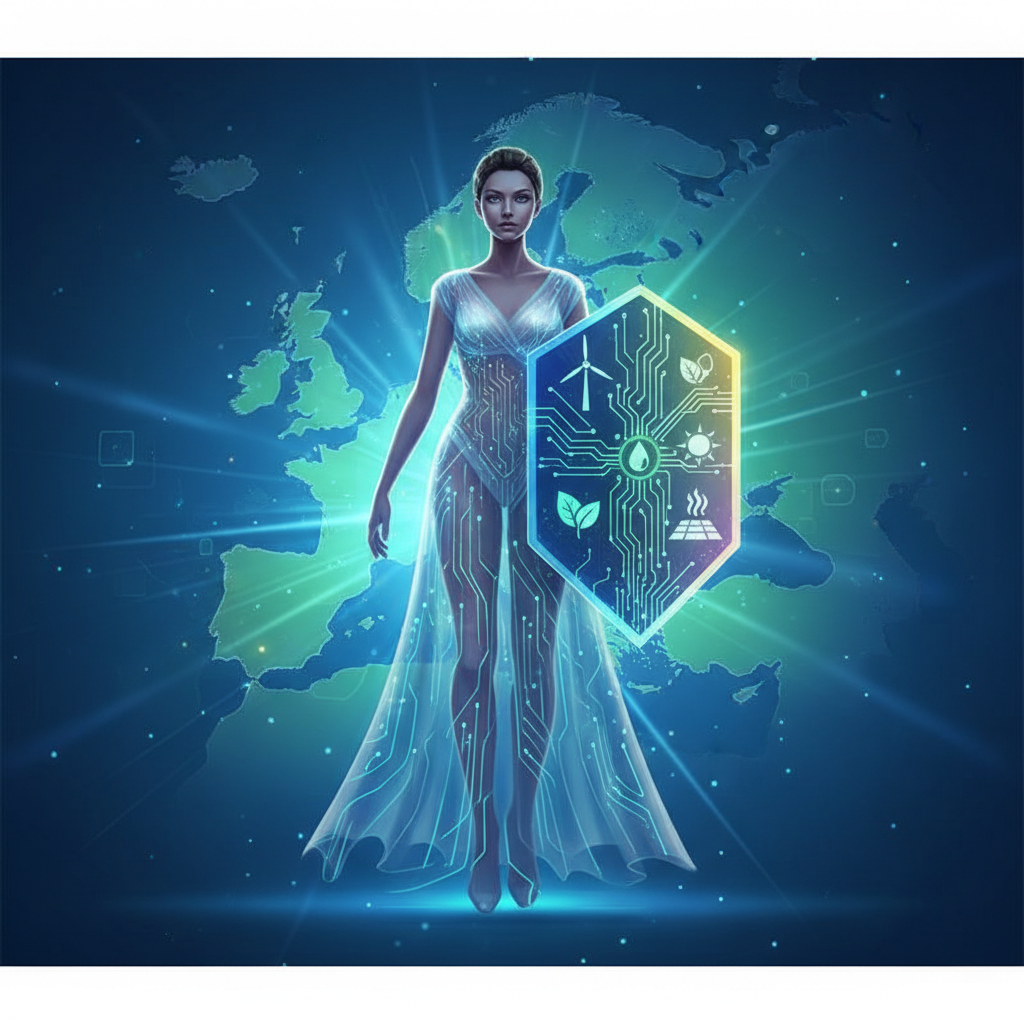 Futuristic clean illustration of Europe holding a shield made of digital circuits and renewable energy symbols