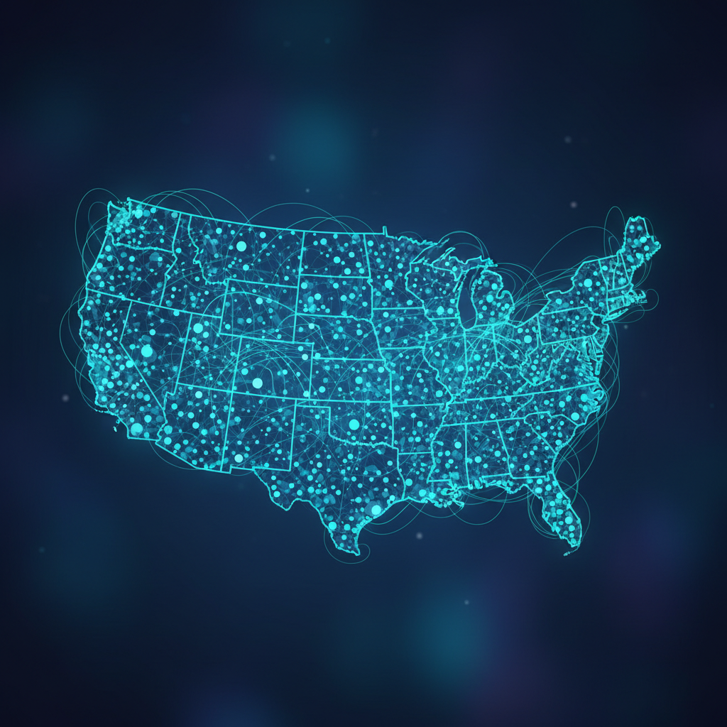 Abstract map of the united states composed of interconnected network nodes, symbolizing regional healthcare networks, cyan and teal tones