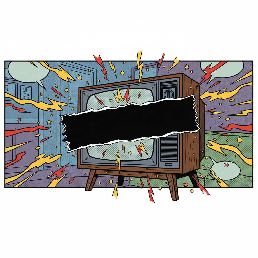 A television set with a large black 'CENSORED' bar across the screen, comic book style, motion lines indicating noise or loudness
