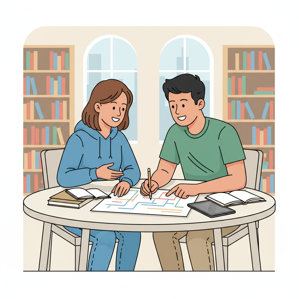 Vector illustration of two students talking and reviewing a paper/drawing together, collaboration concept, flat design