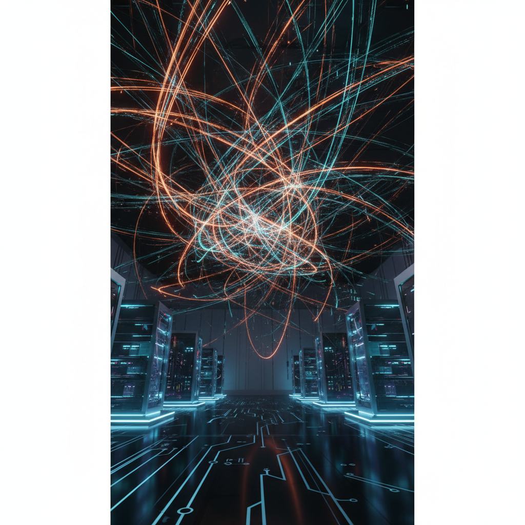 Futuristic abstract representation of network connectivity, glowing data lines, orange and teal color scheme, high tech server room atmosphere, 3d render, clean style.