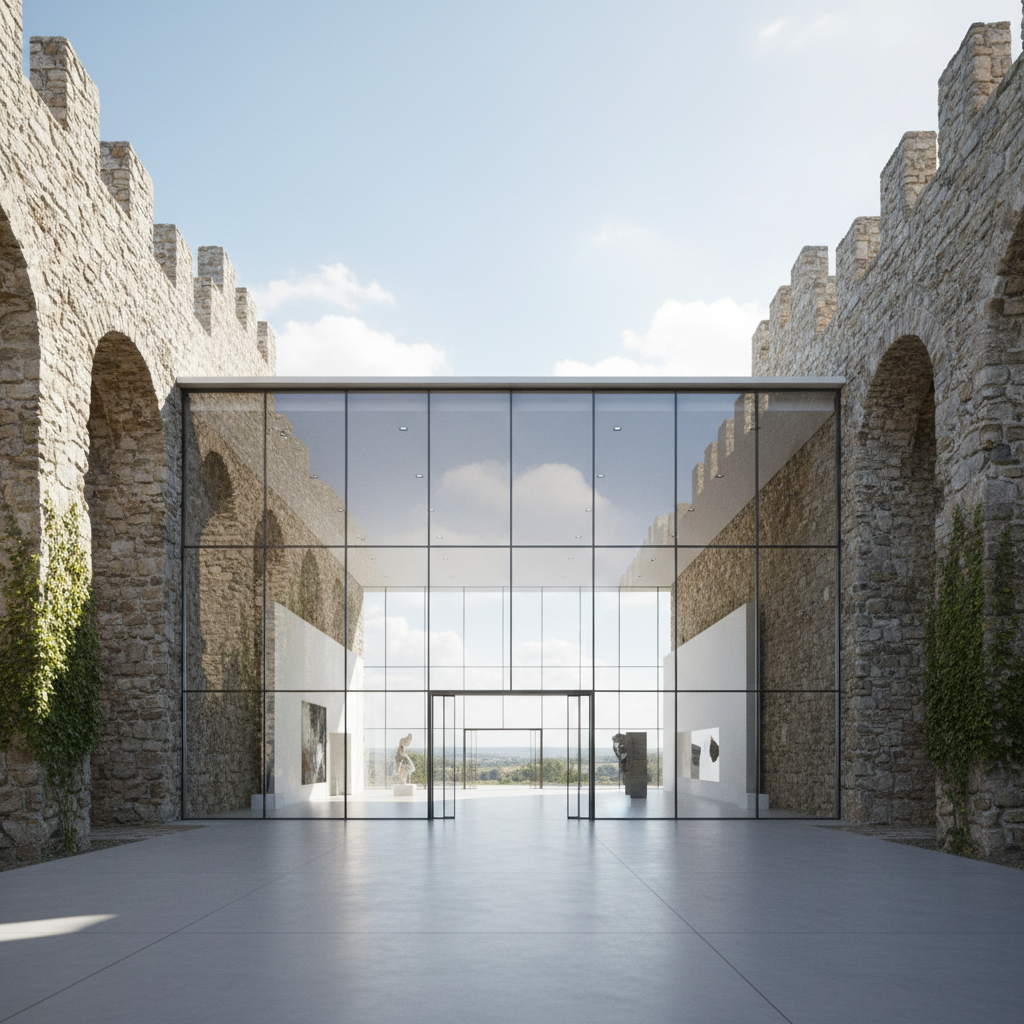 Architectural rendering of a modern glass museum entrance merged with ancient castle stone walls, bright, airy, photorealistic