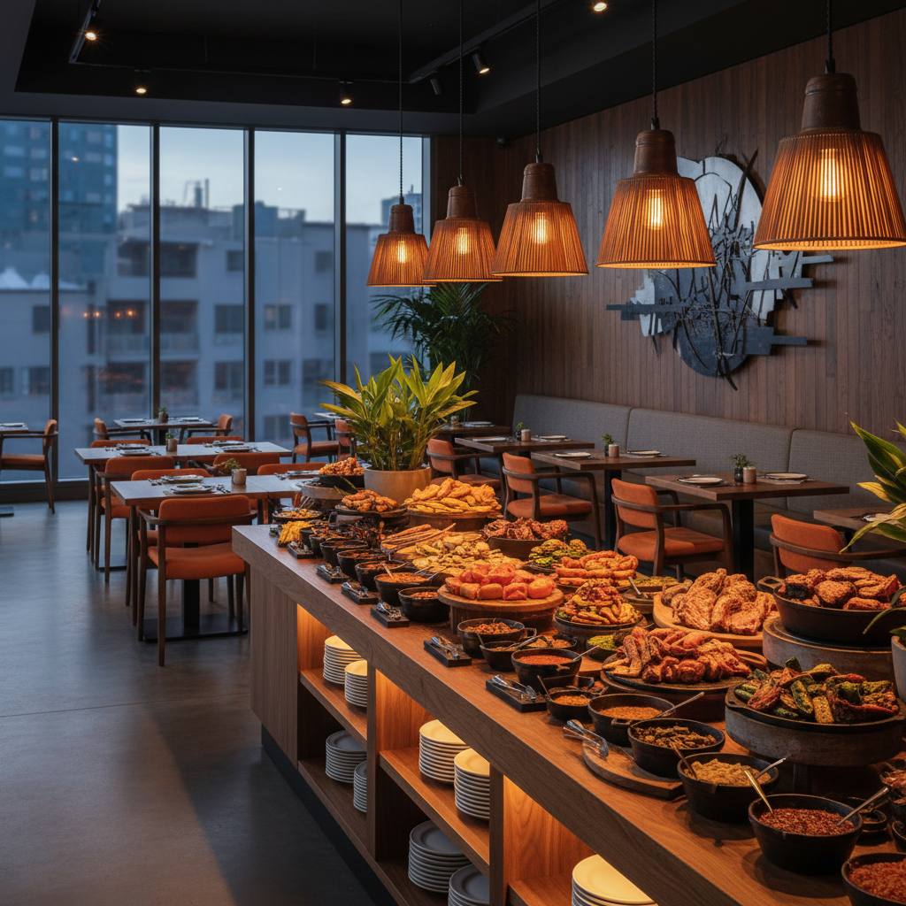 High-end barbecue restaurant interior, buffet counter with warm lighting, modern wooden furniture, orange upholstery, sleek design, photorealistic