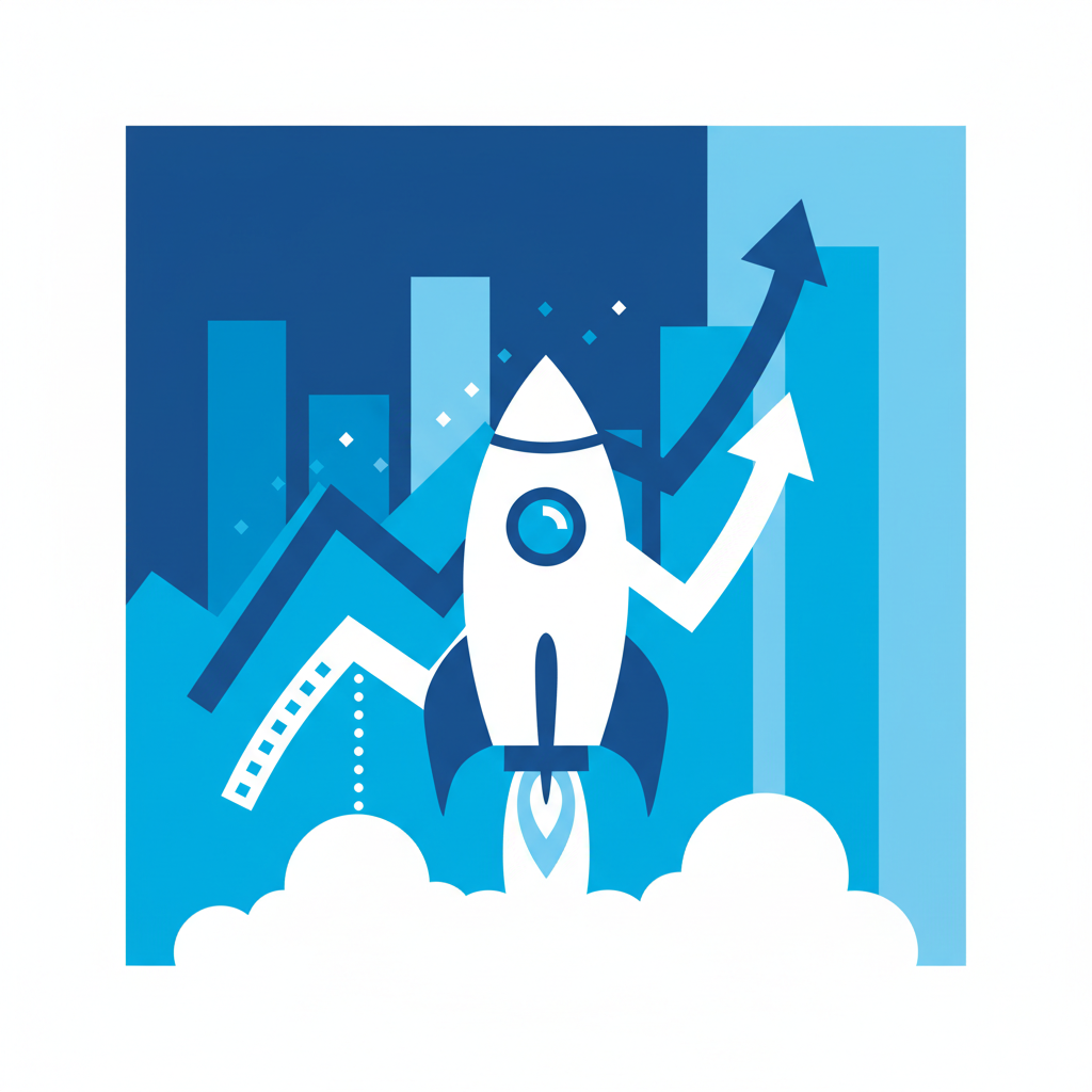 minimalist flat illustration of a rocket ship launching with growth charts in background, corporate blue style