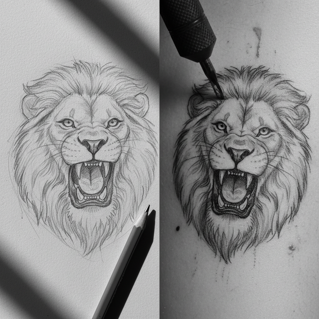 Conceptual image of a pencil sketch on paper juxtaposed with a tattoo needle on skin, cinematic lighting, black and white photography style