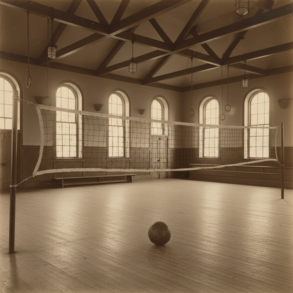 vintage 1895 gymnasium sepia tone volleyball net old leather ball wooden floor historical atmosphere