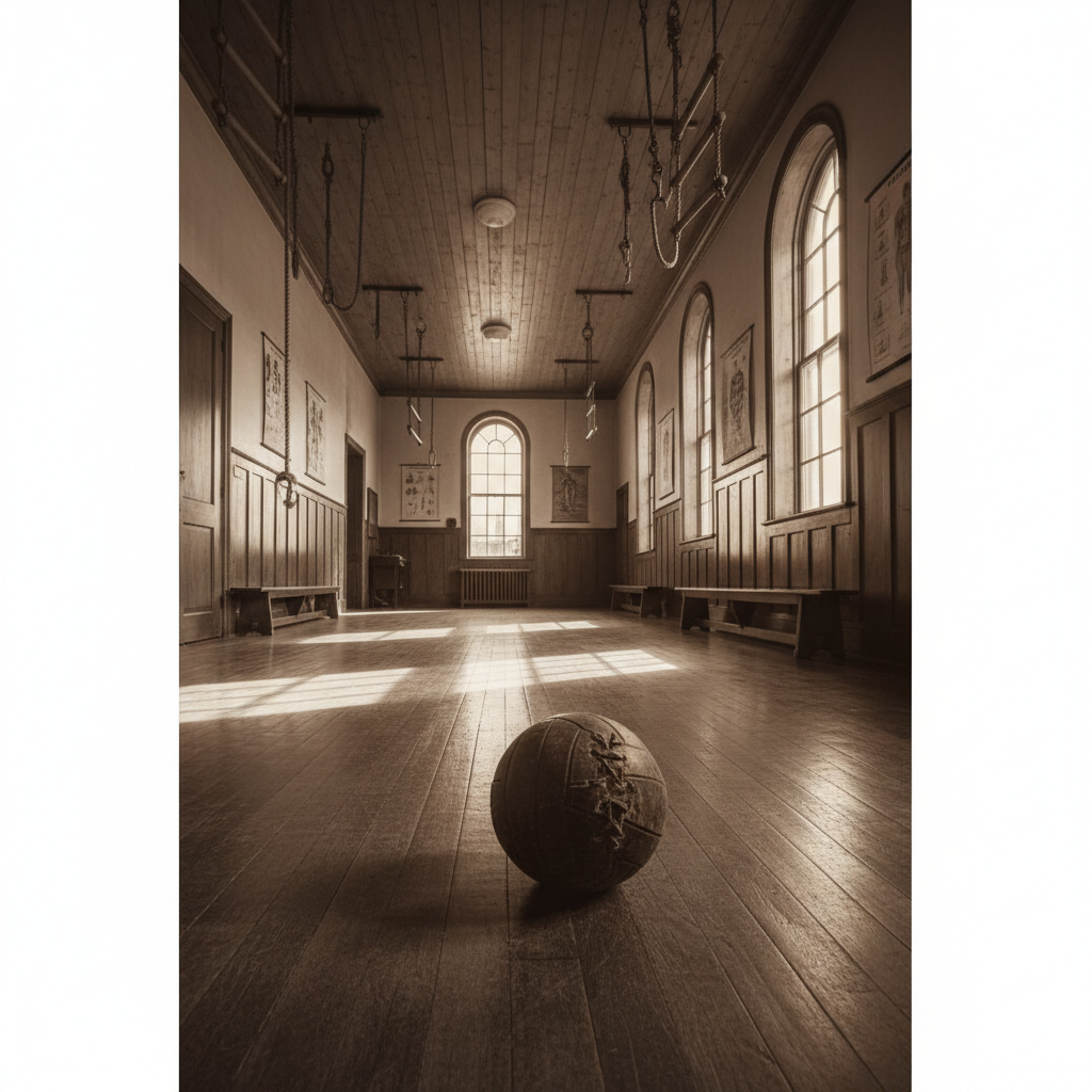 Vintage photo style of a 19th century gymnasium, wooden floor, old leather volleyball ball, sepia tone, nostalgic atmosphere