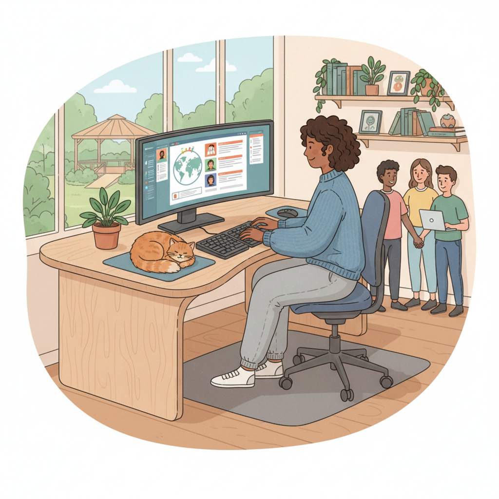 A person working from home in a comfortable ergonomic setup, concept of flexible work and inclusivity, illustration style