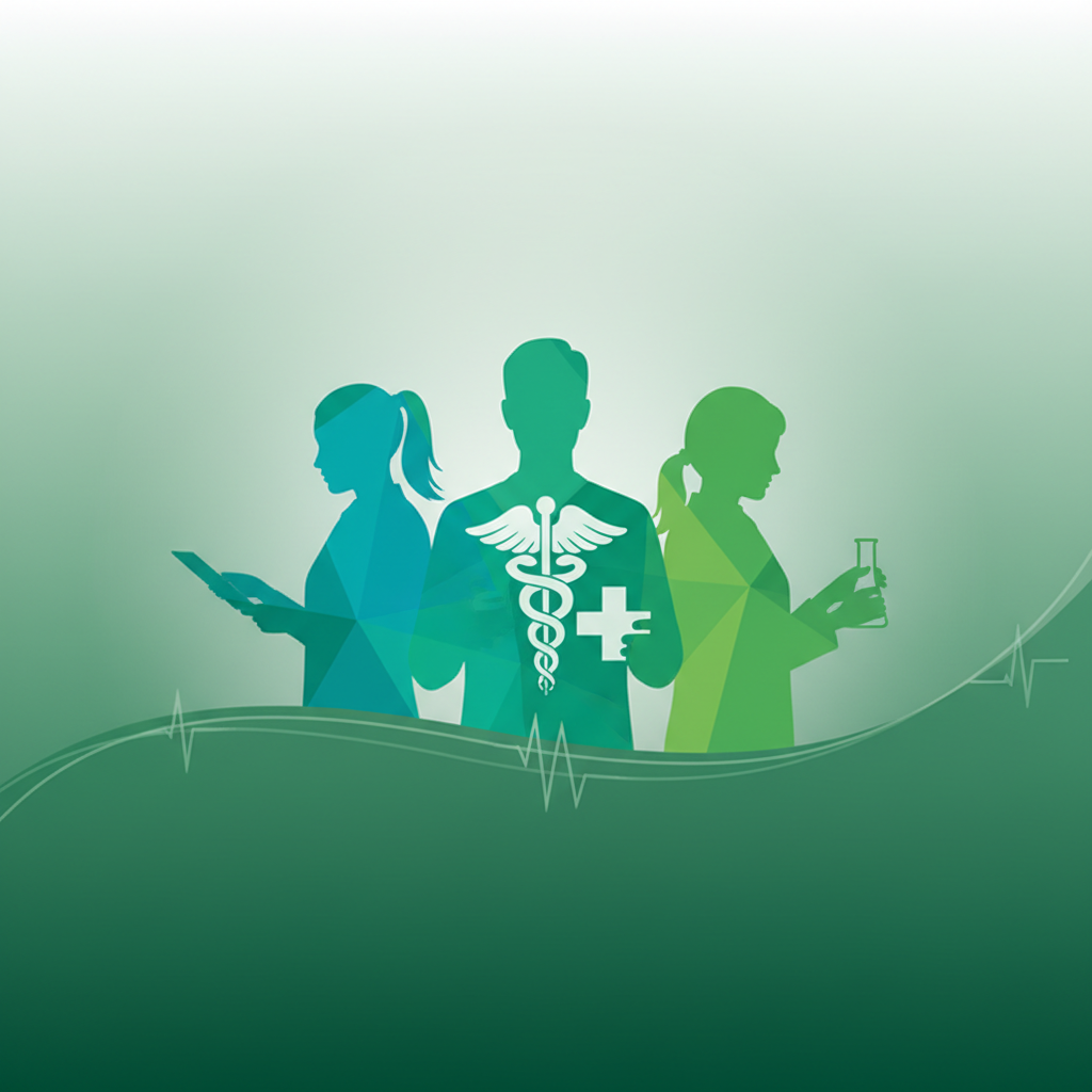 pharmacy team silhouettes or abstract team icon, professional medical green color scheme