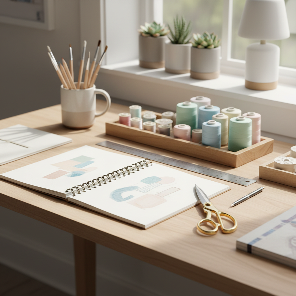 An organized craft studio desk with sketchbook, ruler, scissors, and spools of thread, bright and clean aesthetic