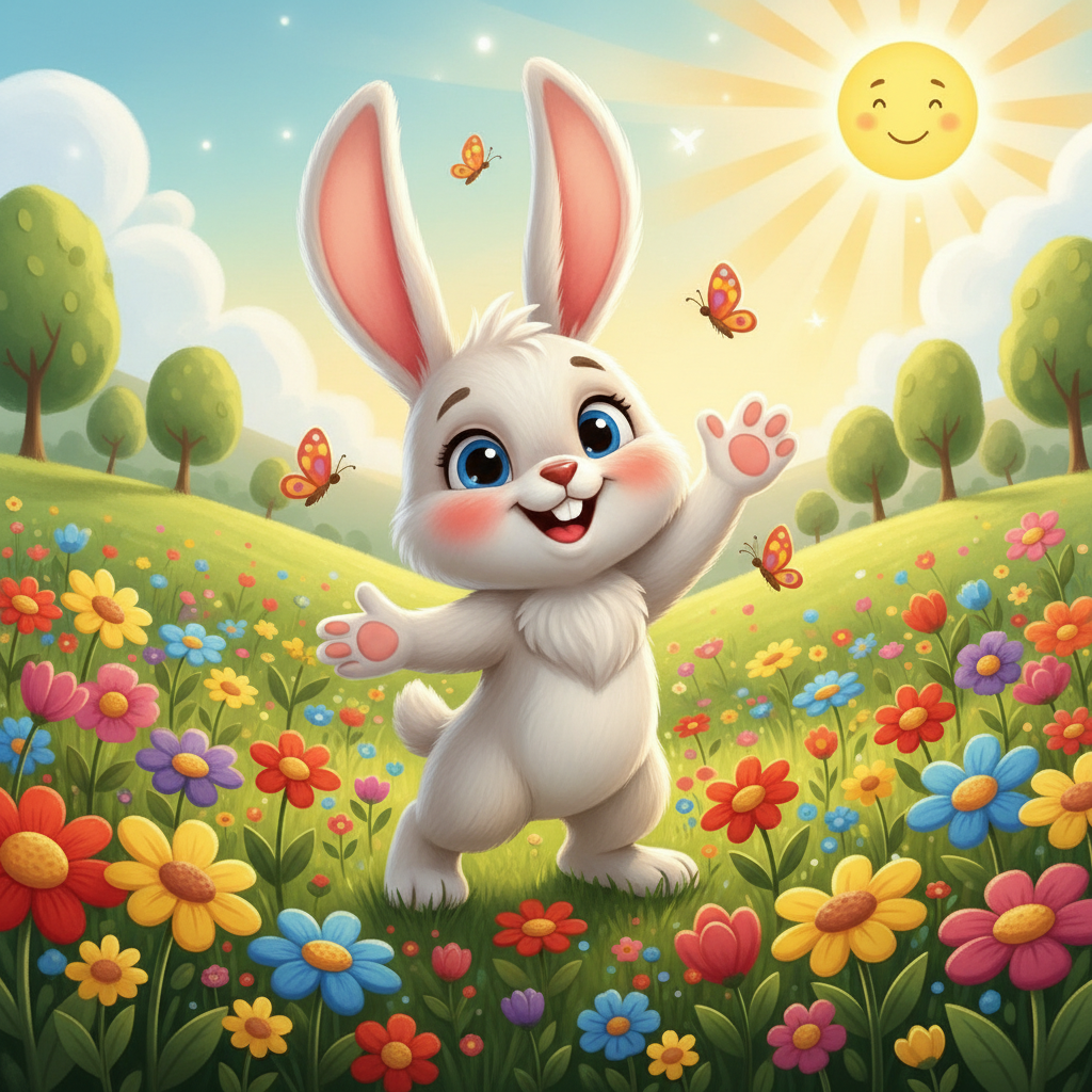 Happy cartoon bunny waving goodbye in a beautiful meadow full of flowers, butterflies, sunshine, cheerful children's book style